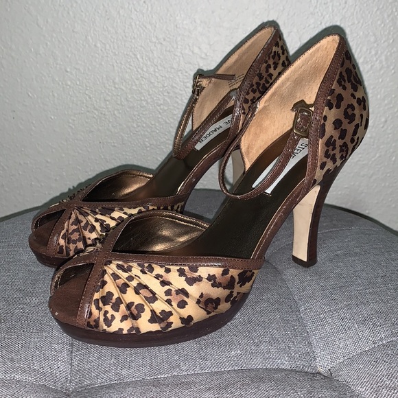 Steve Madden Maggie leopard print peep toe platform heels Sz 7.5 ankle tie - Picture 4 of 17